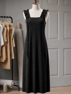 NWT Nanny Black Pleated Square-Neck Pinafore Midi Dress - Ruched Straps (XS)